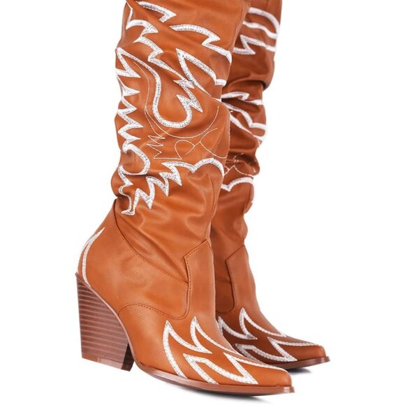 Women Tan Fabric Thigh High Over The Knee Pointed Toe Chunky Heel Fashion Boot - Picture 2 of 6